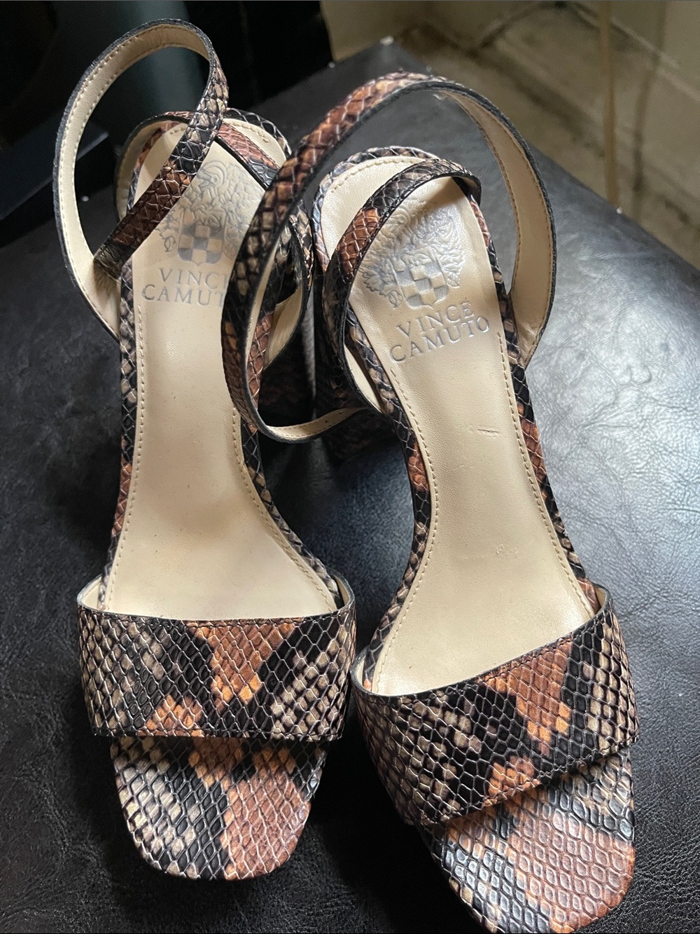 Vince Camuto Brown Snake-Print Strappy Heels